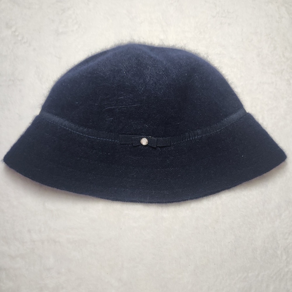Vtg Y2K Gap Navy Rabbit Hair Wool Blend Cloche Hat Bow Rhinestone Mod Academia